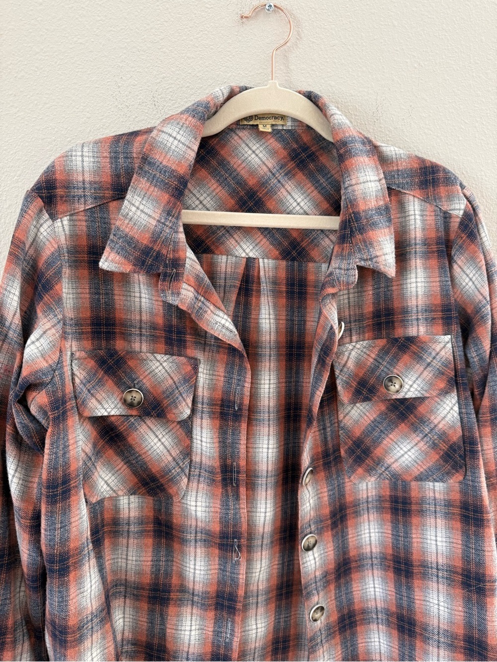 Democracy Plaid Button Down Flannel in Rust and Navy Raw Hem Medium - Picture 3 of 5